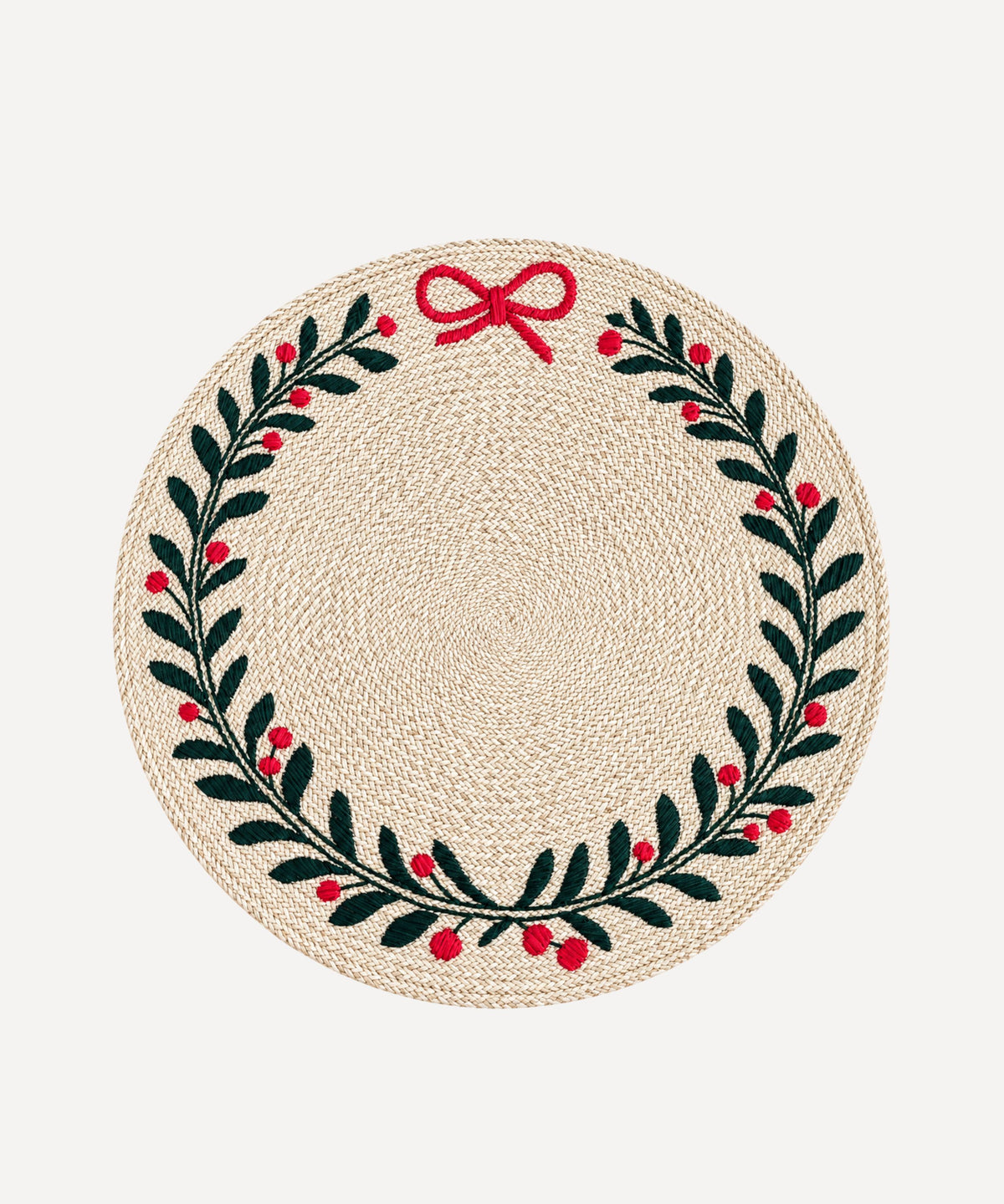 Embroidered Festive Placemat — handwoven iraca palm with a hand-stitched garland of green fronds and red berries, Sandoná, Colombia