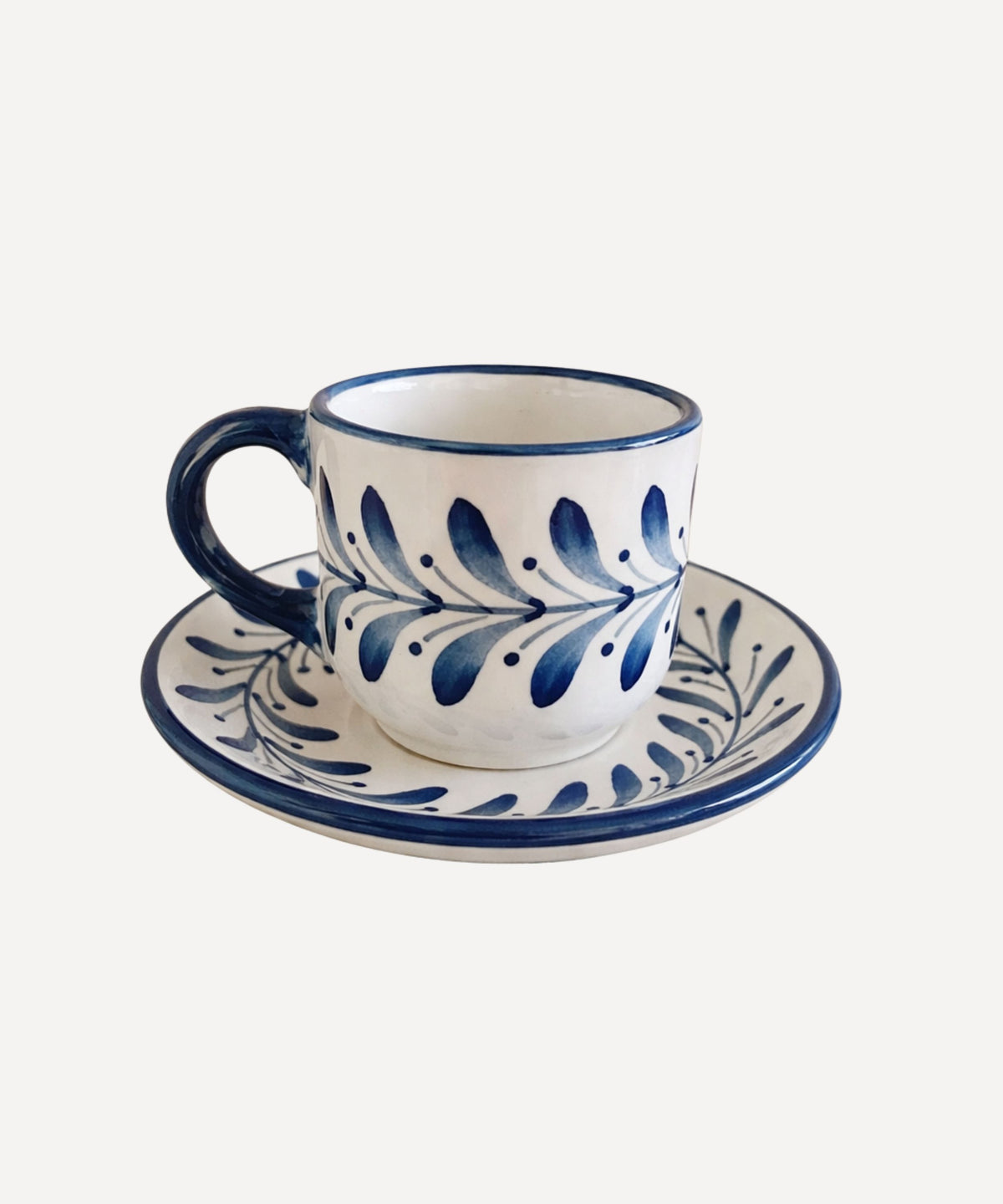 Helecho Coffee Cup in Deep Blue — hand-painted fern wreath ceramic with matching saucer, Carmen del Viboral, Colombia