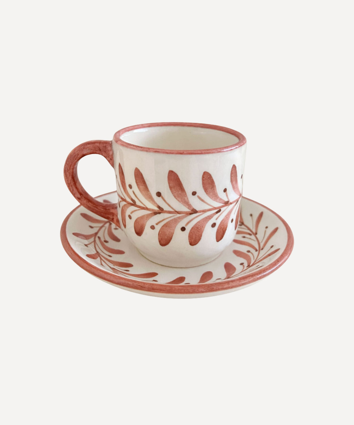 Helecho Coffee Cup in Vintage Rose — hand-painted fern wreath ceramic with matching saucer, Carmen del Viboral, Colombia