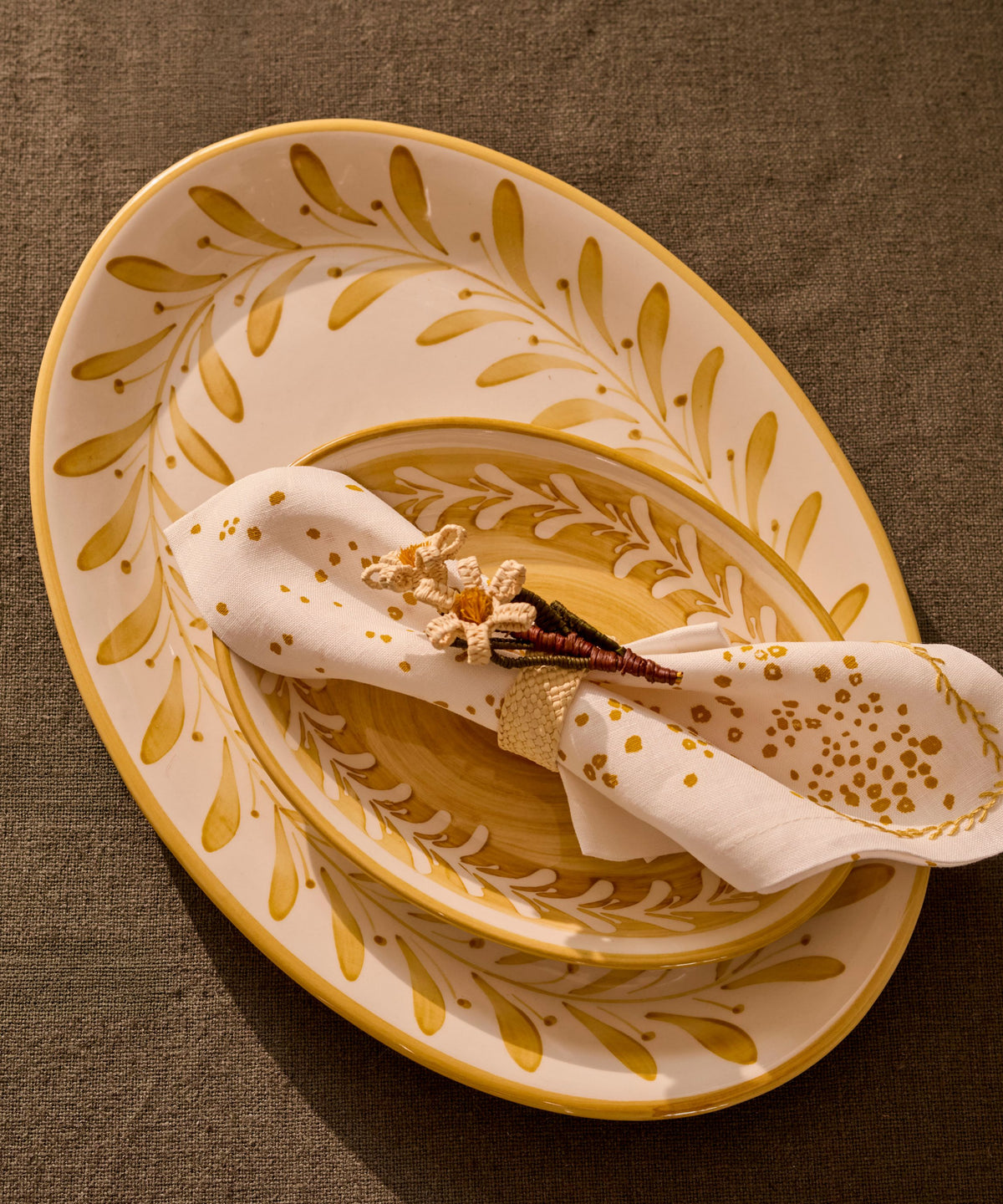 Golden Yellow Helecho serving platters with freehand fern wreath, hand-painted ceramic