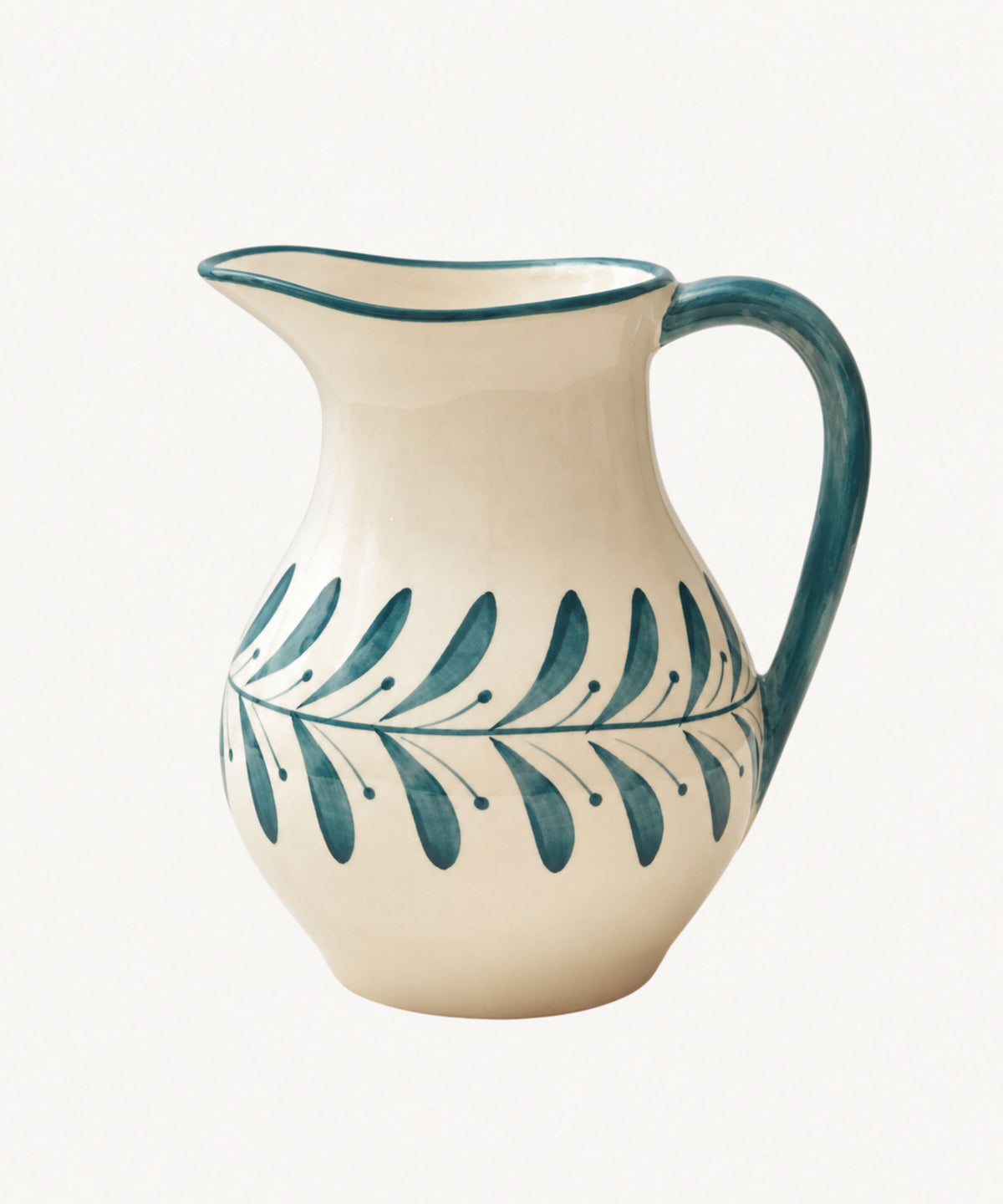 Helecho Jug in Teal — hand-painted fern wreath ceramic, Carmen del Viboral, Colombia