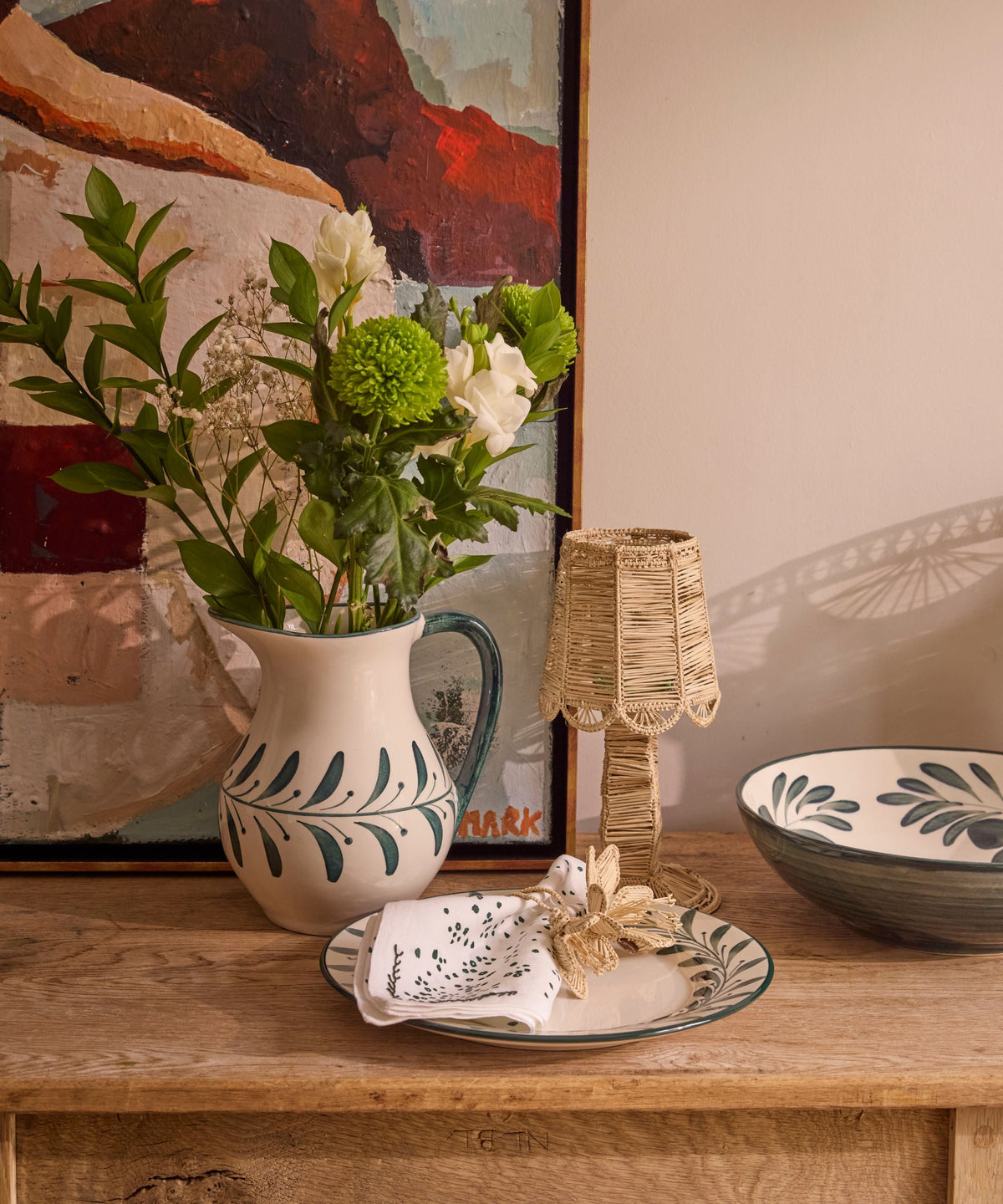 Teal Helecho jug with freehand fern wreath, hand-painted ceramic
