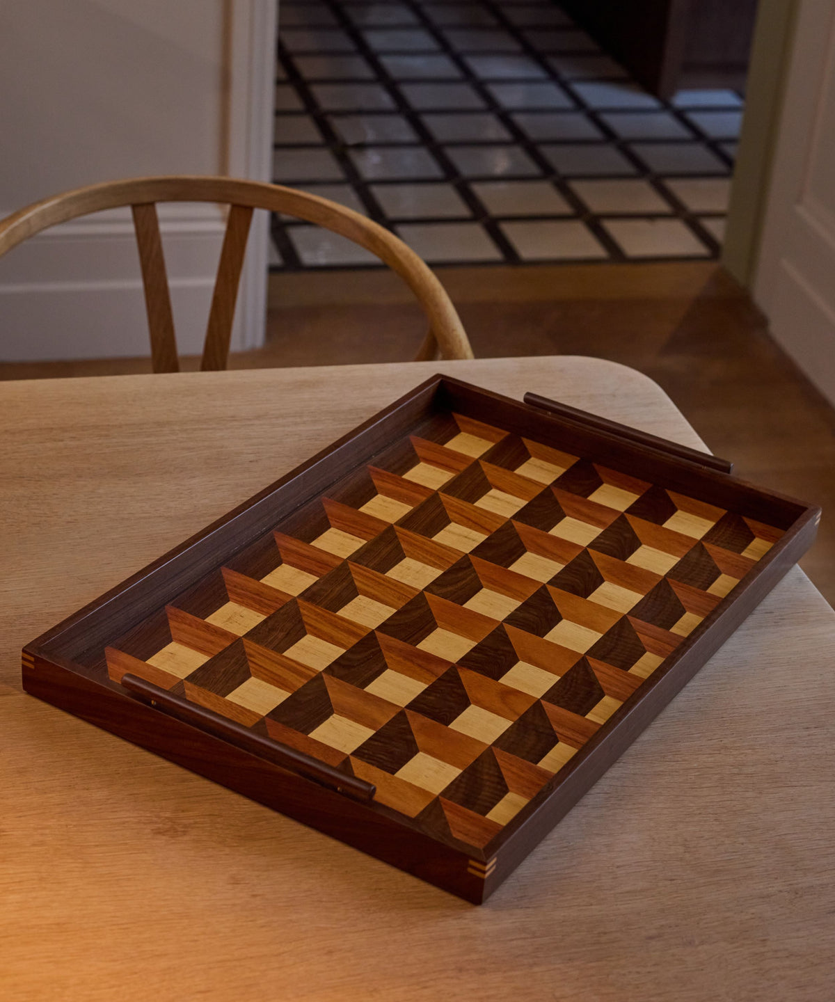 Lara Marquetry Tray (Miguelito, large) styled on the table - hand-carved mixed-wood serving tray
