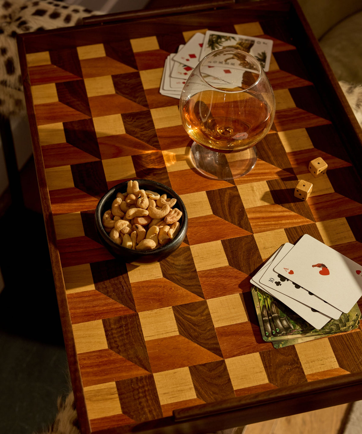 Lara Marquetry Tray (Miguelito, large), mixed-wood marquetry serving tray in a lifestyle setting