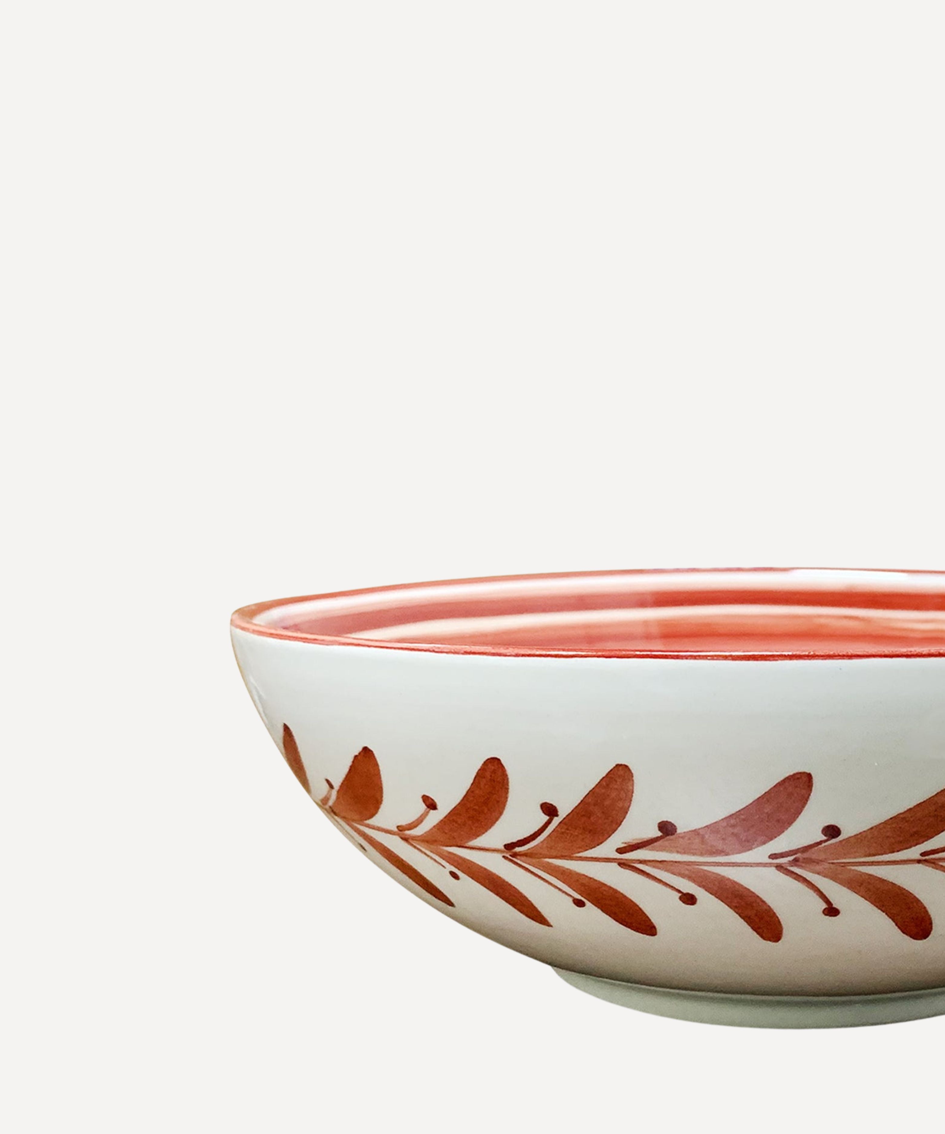Close-up of the hand-painted fern wreath detail on the Rust Red Helecho large salad bowl, Carmen del Viboral ceramic.