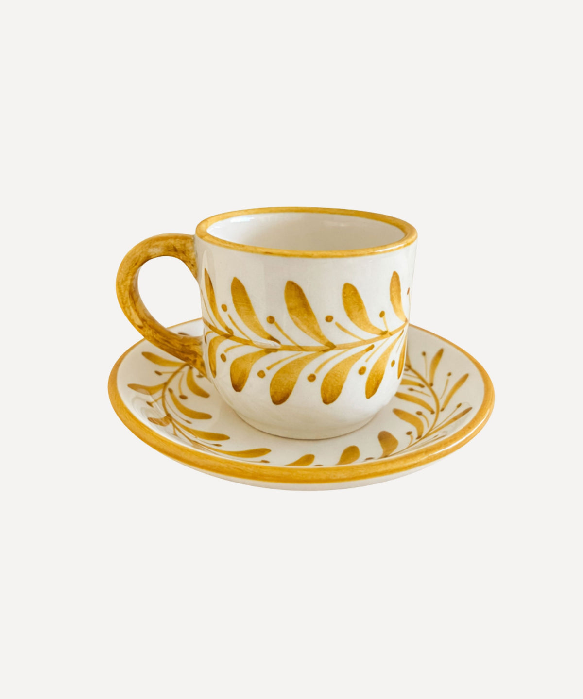 Helecho Coffee Cup in Golden Yellow — hand-painted fern wreath ceramic with matching saucer, Carmen del Viboral, Colombia