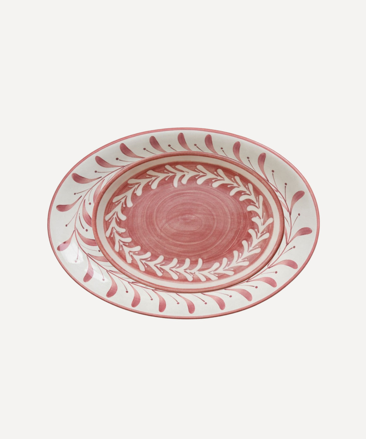 Helecho Serving Platter Set of 2 in Vintage Rose — hand-painted fern wreath ceramic, Carmen del Viboral, Colombia
