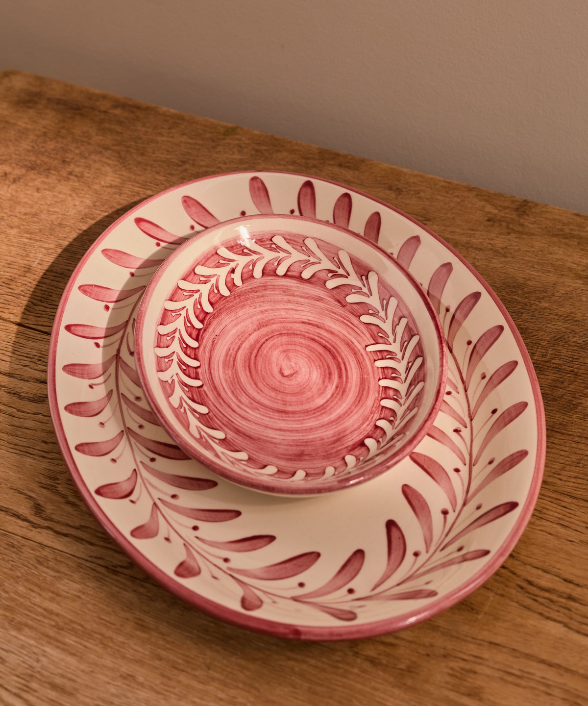 Vintage Rose Helecho serving platters with freehand fern wreath, hand-painted ceramic