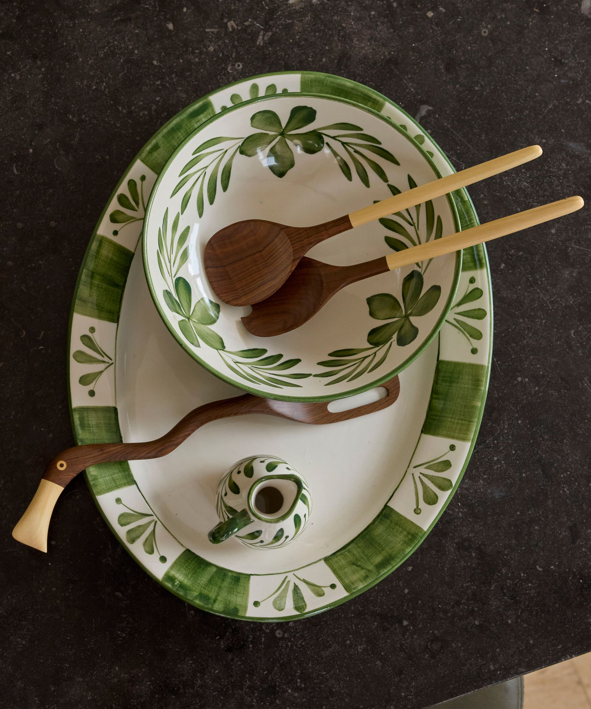 Fern Green Flor de Lis extra large serving platter on the table, hand-painted floral ceramic