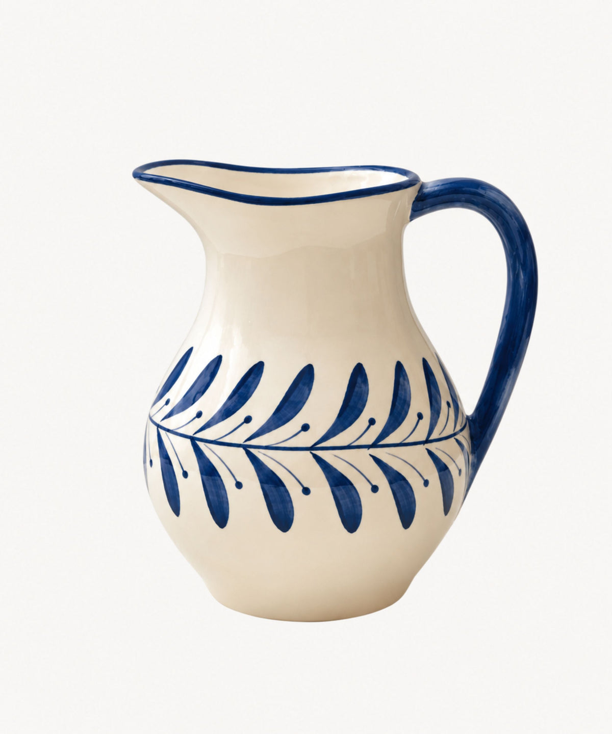 Helecho Jug in Deep Blue — hand-painted fern wreath ceramic, Carmen del Viboral, Colombia